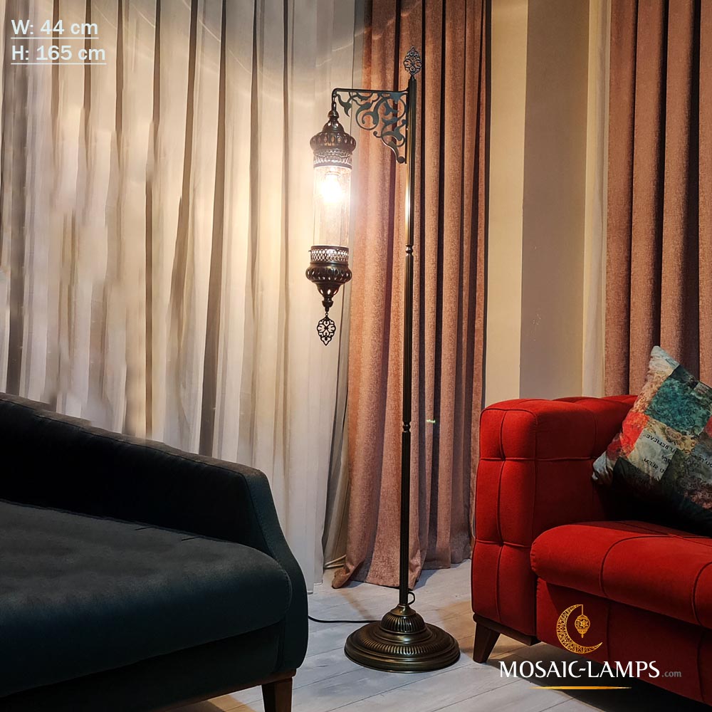 Ottoman Style Pyrex Blown Glass Single Floor Lamp, Clear Cylinder Glass, Vintage Street Light Design, Single Leg Corner Lamp, Living Bedroom