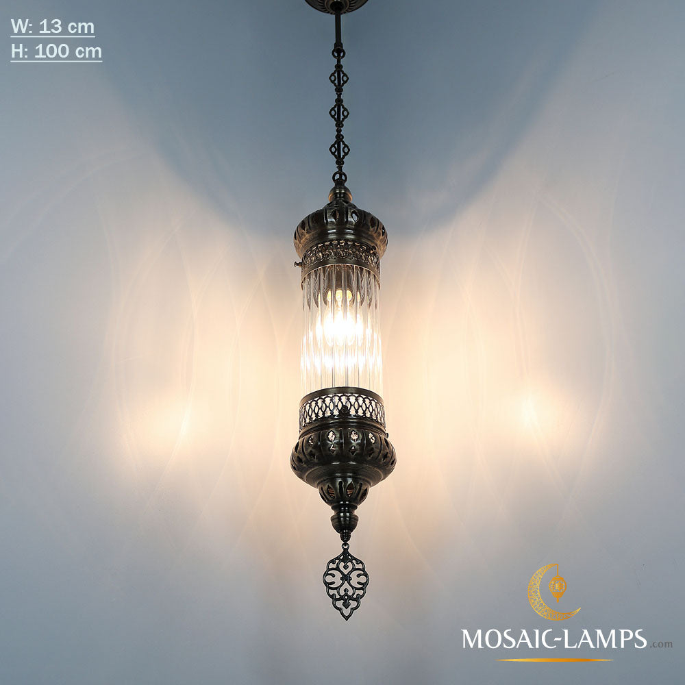 Lámparas colgantes de vidrio Pyrex grandes otomanas, luces colgantes de vidrio tubular de metal forjado con martillo, iluminación de dormitorio, luces de cadena única de sala de estar