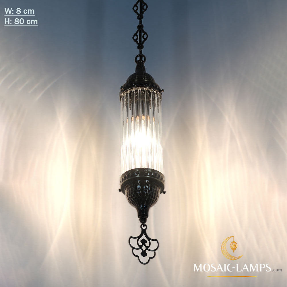 Lámparas colgantes de vidrio Pyrex medianas otomanas, luces colgantes de vidrio tubular de metal forjado con martillo, iluminación de dormitorio, luces de cadena única de sala de estar