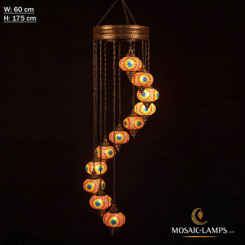 Araña de mosaico turco en espiral de 11 globos, lámpara de techo colgante marroquí, lámpara colgante, lámpara de iluminación, lámpara de sala de estar