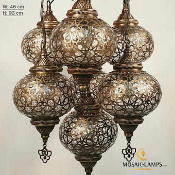7 Globe Ottoman Mixed Chandeliers, Laser Metal Blown Globe Lamp, Moroccan Hanging Lamps, Turkish Chandelier, Restaurant, Living Room Lights