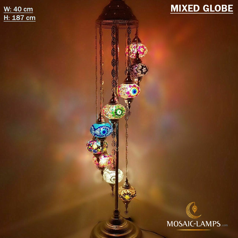9 Medium Globe Turkish Mosaic Floor Lamps, Handmade Mosaic Lights, Moroccan, Ottoman Traditional, Office, Restaurant, Bar, Cafe Corner Lamps