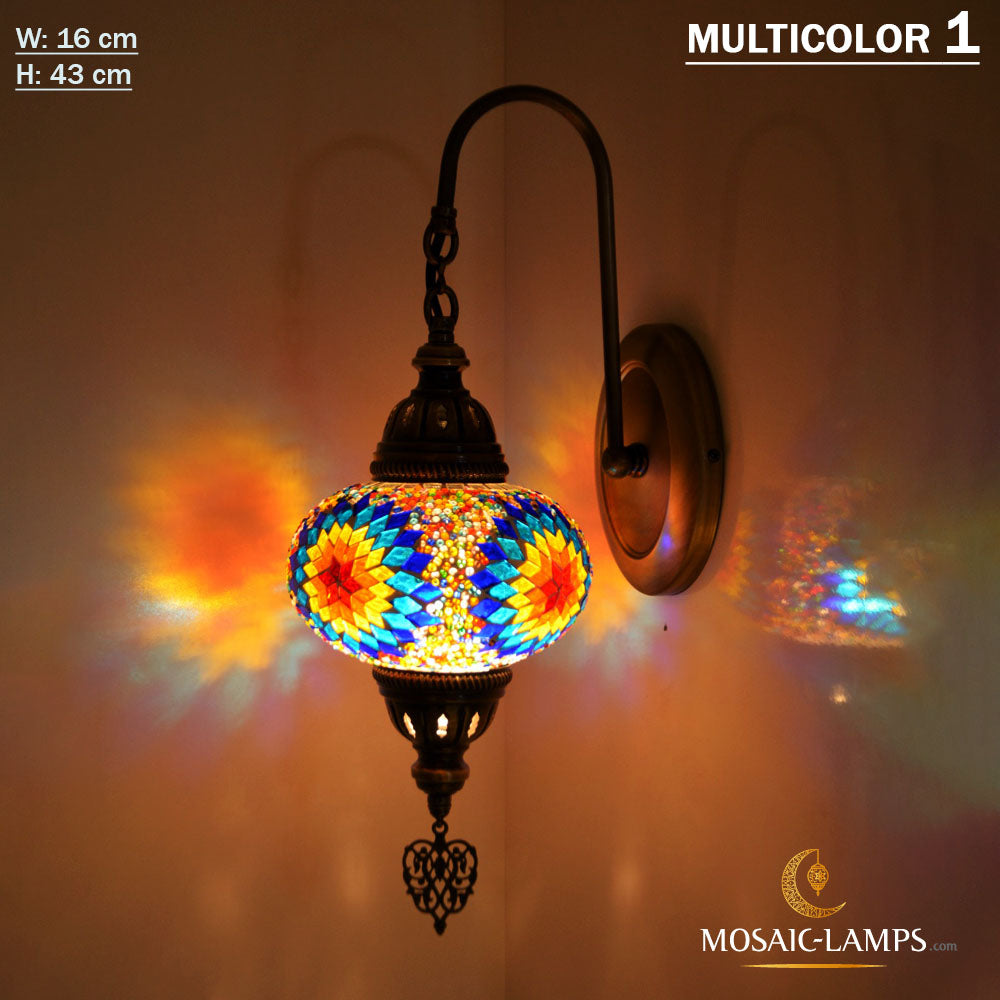 Multicolor Gooseneck Single Wall Sconces, Traditional Handmade Turkish Moroccan Wall Lamp, Bedroom, Bathroom, Hallway Wall Lights