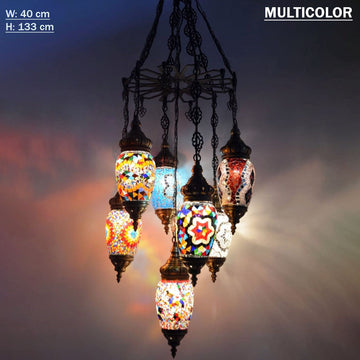 Candelabro de mosaico turco retro de 7 globos, lámpara marroquí, juego de 7, candelabro antiguo, candelabro de iluminación multicolor, accesorio de techo de candelabro hecho a mano