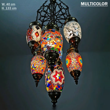 Retro 7 Globe Turkish Mosaic Chandelier, Moroccan Lamp,  Set Of 7, Antique Chandelier, Multicolor Lighting Chandelier, Handmade Chandelier Ceiling Fixture